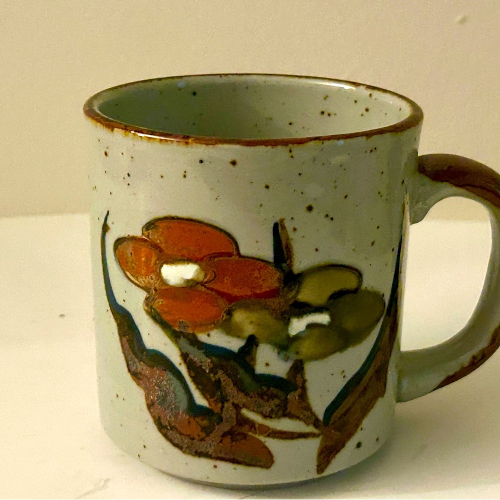 Vintage Otagiri Style Floral Speckled Mugs Flowers Grey Brown Orange